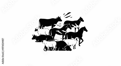 Collection of farm animals, including cows, horses and sheep, in silhouette