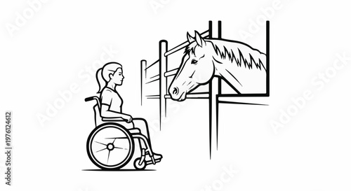 Person in wheelchair interacting with horse in stable stall