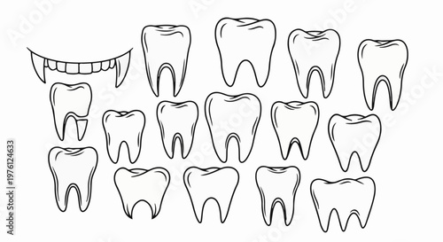 Collection of stylized hand-drawn teeth and fangs in black outline