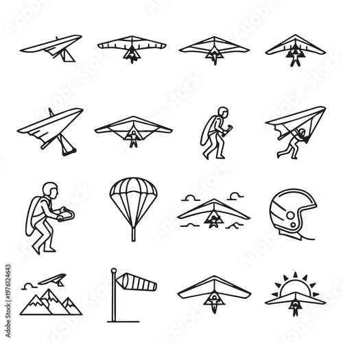 Hang Gliding and Paragliding Vector Icons with People and Equipment for Adventure Sports