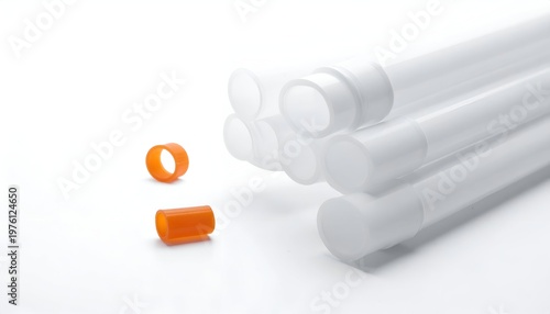 Several white cylindrical tubes are arranged at an angle, some capped. Two small orange rings sit in front. Bright white background