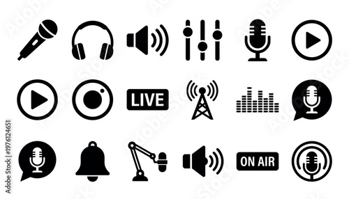 Black icons for broadcasting and podcasting.