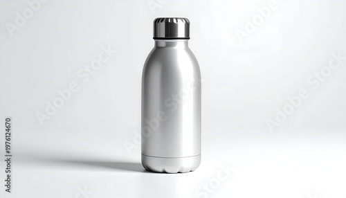 Shiny, cylindrical container, designed to hold liquids, with a metallic finish, cap, and a white backdrop for product placement