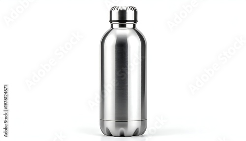 Shiny, insulated stainless steel water bottle, silver in color, standing upright on a white reflective surface