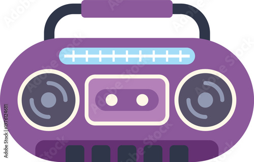 Purple boombox with a cassette player and speakers playing music