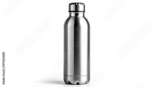 Shiny, sleek metallic container. It stands upright against a pristine white background. The bottle's cap is visible