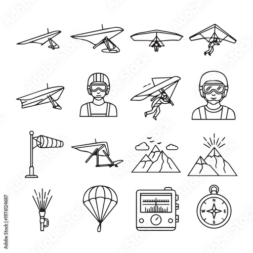 Hang Gliding Icons and Equipment Set with Wind Sock and Compass for Adventure Sports