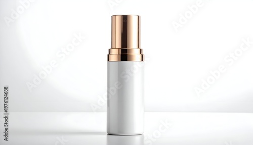 Sleek, cylindrical white cosmetic bottle with a metallic gold cap and collar, set against a bright, clean white backdrop