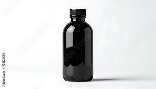 Sleek, glossy, black bottle, closed with a black cap, appears to contain liquid. It is set against a simple white background