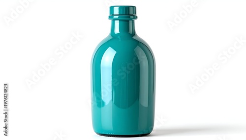 Teal glass bottle isolated on white. Simple, curved shape with a slightly narrow neck and a screw-on cap. Glossy appearance