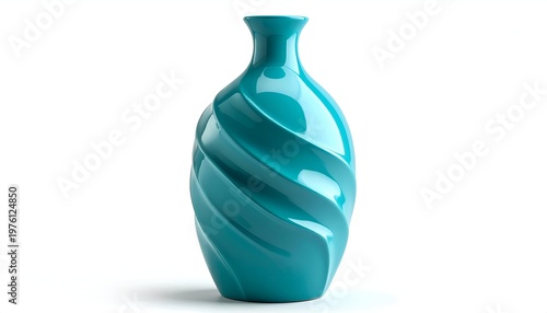 Teal-colored ceramic vase with a spiral design, glossy finish, and smooth curves, isolated on a white background