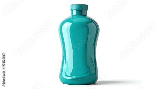 Teal-colored, shapely plastic bottle with a matching cap, set against a pristine white background with a subtle shadow