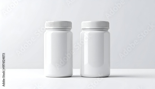 Two identical white pill bottles sit side-by-side, caps on, against a bright, clean background. The bottles are glossy