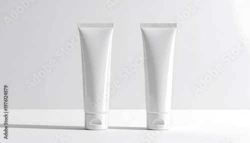 Two identical white cosmetic tubes on a clean, light surface with a soft shadow and a plain backdrop