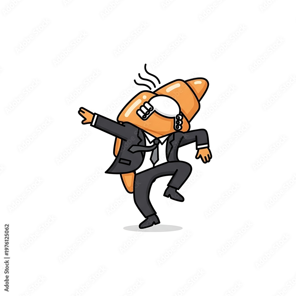 Obraz premium A cartoon depicting a croissant-headed figure dabbing in a professional suit. Steam rises from its head. The background is white