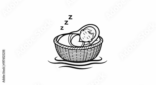 Line art of a baby sleeping soundly in a basket with "Zzz" symbols above