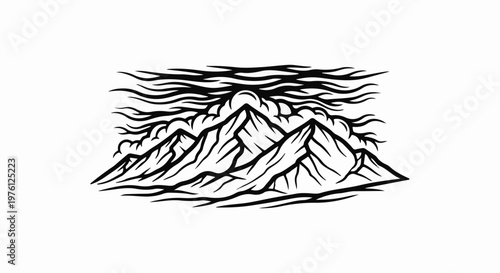 Stylized mountains with a sun or moon rising behind them