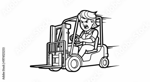 Furious woman driving a forklift truck rapidly
