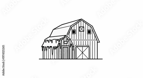 Stylized outline drawing of a barn with large sliding doors and small windows