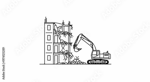 Demolition excavator dismantling a multi-story building, debris scattered