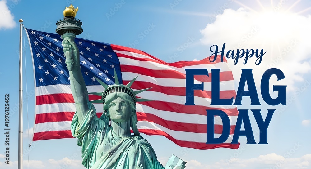 Naklejka premium Happy flag day statue of liberty with american flag waving in the breeze