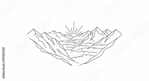 Stylized outline of mountains with a sun rising over a lake