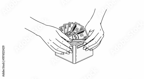 Hands holding a wallet full of cash, with currency visible