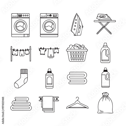 Laundry Icons Set for Household Chores and Cleaning with Washing Machine and Iron