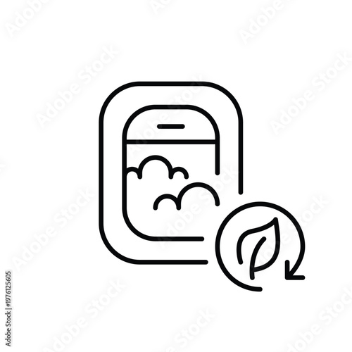Airplane window with clouds, leaf and renew arrow. Sustainable travel, green fuel. Pixel perfect, editable stroke vector icon