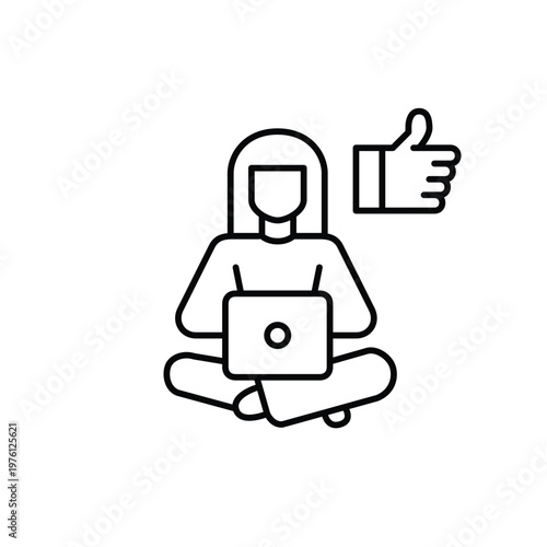 Remote digital productivity and office tasks. Woman working at laptop and thumbs up. Pixel perfect, editable stroke vector icon