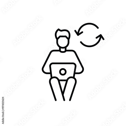 Man working or studying at laptop from home and refresh arrows. Office update, remote work refresh, digital workflow renewal. Pixel perfect, editable stroke vector icon