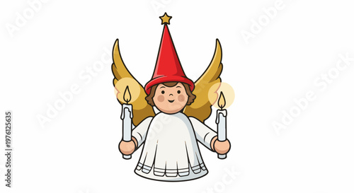 A cheerful, winged figure in a red hat holds two lit candles