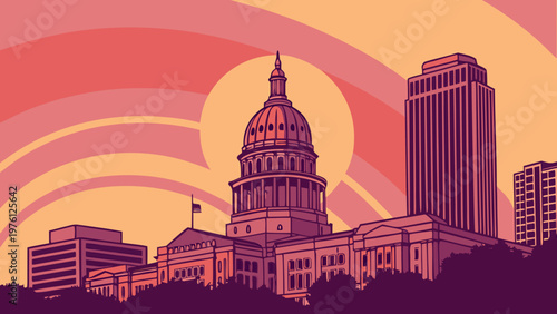 Austin Texas State Capitol Skyline Vector Illustration at Sunset