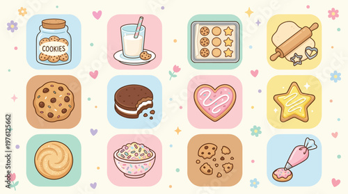 A delightful collection of charming cookie illustrations, showcasing various types of baked goods and baking tools in a whimsical, pastel aesthetic.