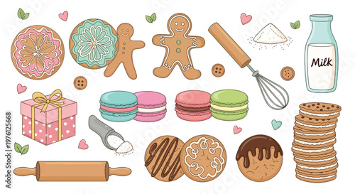 A delightful collection of freshly baked cookies, macarons, gingerbread men, donuts, and baking essentials like a rolling pin and whisk, presented in a charming illustration.