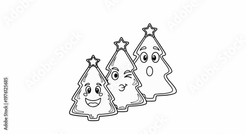 Three happy cartoon Christmas trees with stars on top, winking