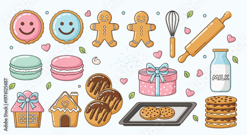 A delightful collection of sweet baked goods and baking tools, including cookies, macarons, gingerbread houses, and a rolling pin, presented in a charming, whimsical style.