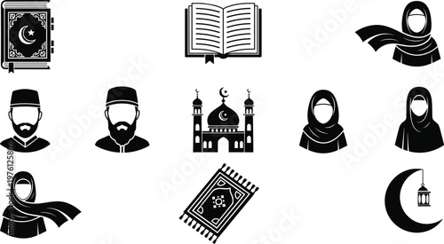 Islamic icon set featuring Quran book mosque silhouette Muslim male and female characters prayer mat and crescent moon lantern for Ramadan Kareem and Eid Mubarak religious design.