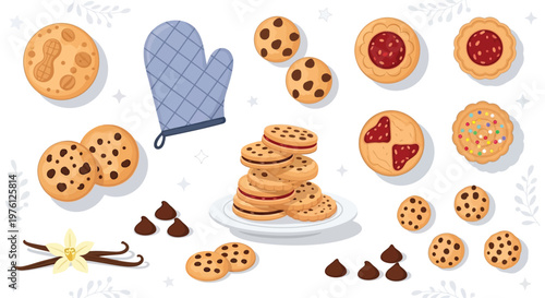 A delightful assortment of freshly baked cookies, including chocolate chip, jam-filled, and sandwich varieties, alongside baking essentials like an oven mitt and vanilla beans.