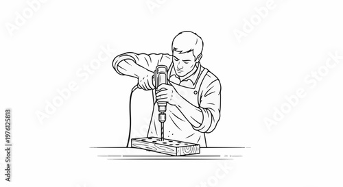 Man in apron drilling holes in wooden block