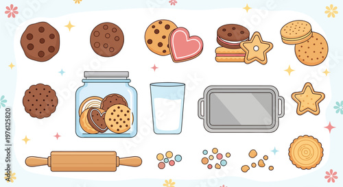 A delightful collection of various cookies, a jar filled with cookies, a glass of milk, a rolling pin, a baking sheet, and colorful sprinkles, all presented in a charming, illustrative style.