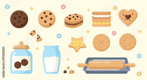 A delightful collection of various cookies, including chocolate chip, sandwich, and heart-shaped varieties, alongside baking essentials like a rolling pin and a cookie jar filled with treats.