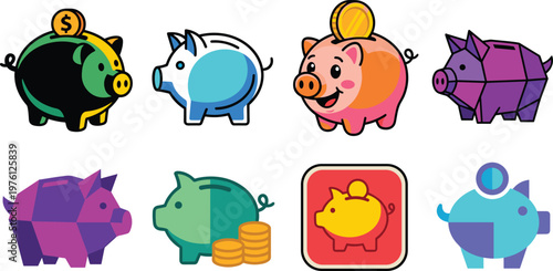 Colorful Piggy Bank Icon Set with Savings Money Coins Financial Investment and Budgeting Symbols for Banking Apps Finance Websites and Business Design