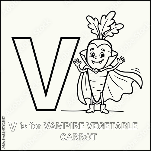 Vampire carrot cartoon character with cape and letter V for alphabet  educational illustration for kids learning the ABCs with a superhero vegetable