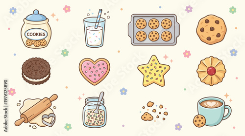 A delightful collection of charming cookie illustrations, featuring a cookie jar, milk, a baking sheet, various cookie shapes, dough, a rolling pin, and a cup of coffee.