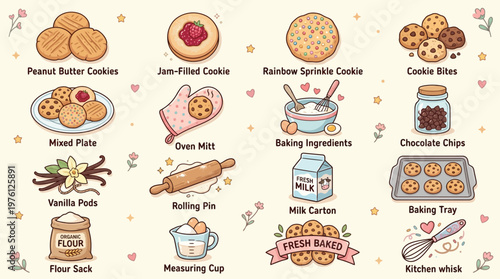 A charming collection of illustrated baking ingredients and cookies, perfect for a recipe book or culinary blog.