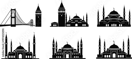 Istanbul Turkey silhouette collection featuring Blue Mosque Galata Tower and Bosphorus Bridge icons with traditional Ottoman architecture for travel tourism and historical city design.