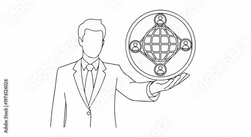Person in suit holding a globe with people icons, symbolizing network