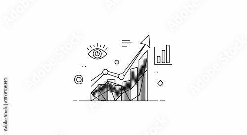 Abstract graphic with a rising bar chart, line graph, and eye icon