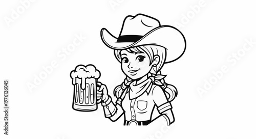 Cartoon cowgirl in hat holding a frothy mug of beer